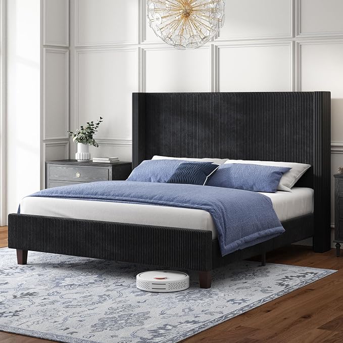 HOWE King Size Bed Frame with 50.8" Tall Wingback Headboard, Modern Corduroy by HOWE