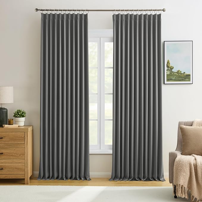 Blackout Pleated Curtains 105 Inches Long, Privacy Window Drapes by KEQIAOSUOCAI