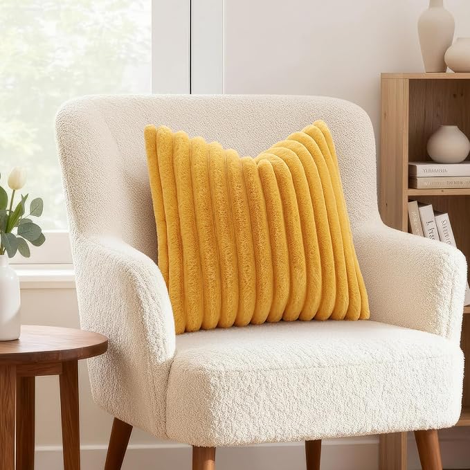 decorUhome Fall Faux Fur Throw Pillow Covers 22x22 Set of 2 Mustard Yellow | - Image 4