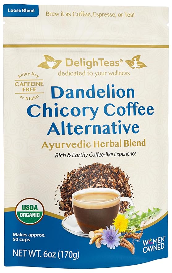 DelighTeas Organic Coffee Alternative | Ayurvedic Herbal Chicory Dandelion Coffee | Coffee Substitute | USDA Organic, Caffeine Free, Gluten Free | With Sweet Notes of Carob | 50 servings, 6oz.