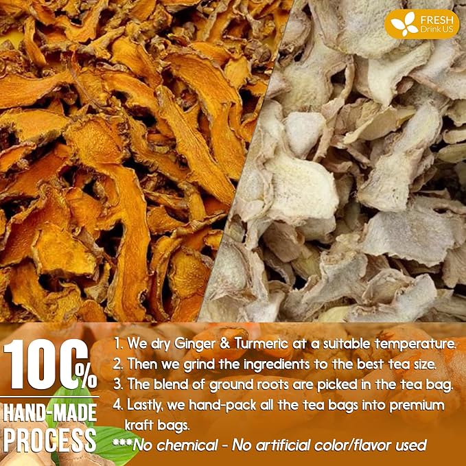 FreshDrinkUS, Premium 45 Ginger Turmeric Tea Bags, 100% Natural Ingredients, Hand-made Blend of Ginger and Turmeric Herbal Tea, Eco-conscious Tea Bags. No Sugar, No Caffeine, No Gluten, Vegan.