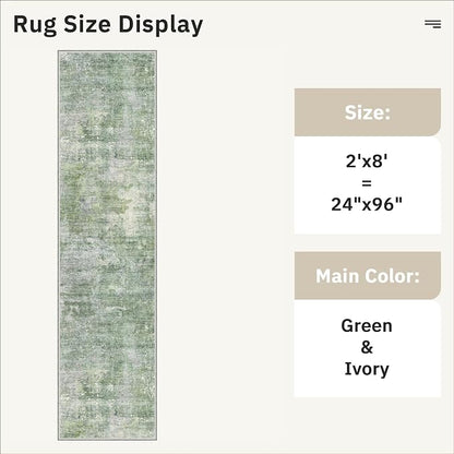Soalmost Abstract Runner Rug 2x8 Hallway Kitchen Runners Green/Ivory | Vintage - Image 5