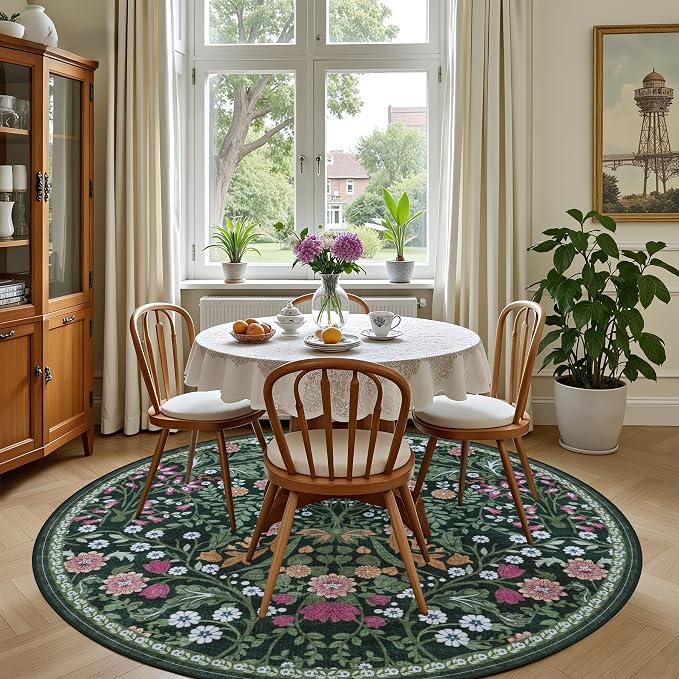 PLHXFR Round Area Rug Living Room: 4 ft Floral Washable Carpet Dark Green | - Image 4