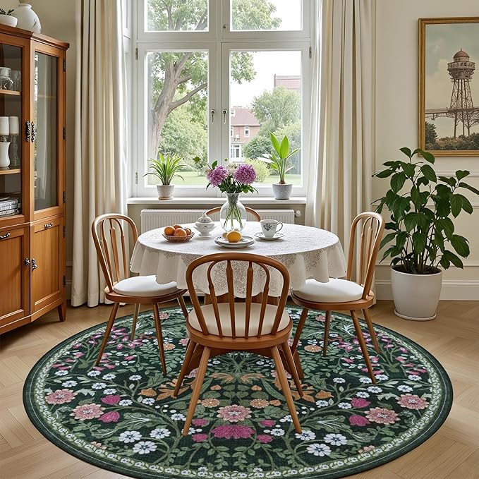 PLHXFR Round Area Rug Living Room: 6 ft Floral Washable Carpet Dark Green | - Image 4