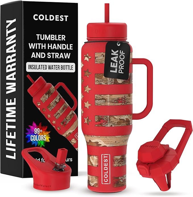 Coldest 40 oz Tumbler with Handle and Straw, 100% Leak Proof Insulated Tumbler with Lid and Straw (3 Lids), Stainless Steel Tumblers for Women & Men, Cup Holder Friendly, 46 oz (The Republican)