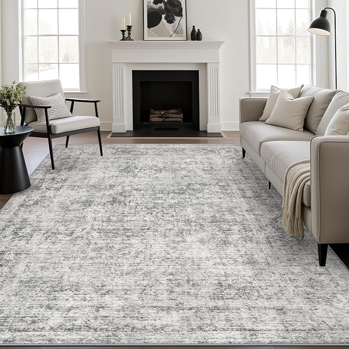 5x7 Area Rug Living Room: Modern Washable Soft Carpet Black Grey | - Image 2