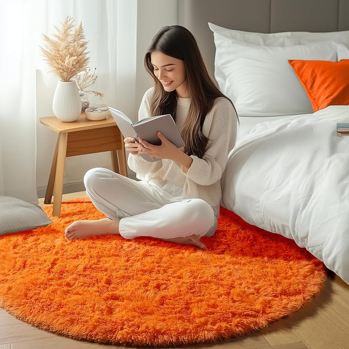 Orange Round Area Rugs 4ft for Bedroom Living Room, Fluffy Circle Rug for Kids - Image 6