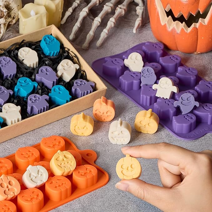 JOERSH Halloween Chocolate Silicone Molds, 4PCS Pumpkin Ghost Shaped Candy Mold Non Stick Baking Pan for DIY Chocolate, Fondant, Jello, Gummy, Candy, Cake Topper, Dessert Decorating