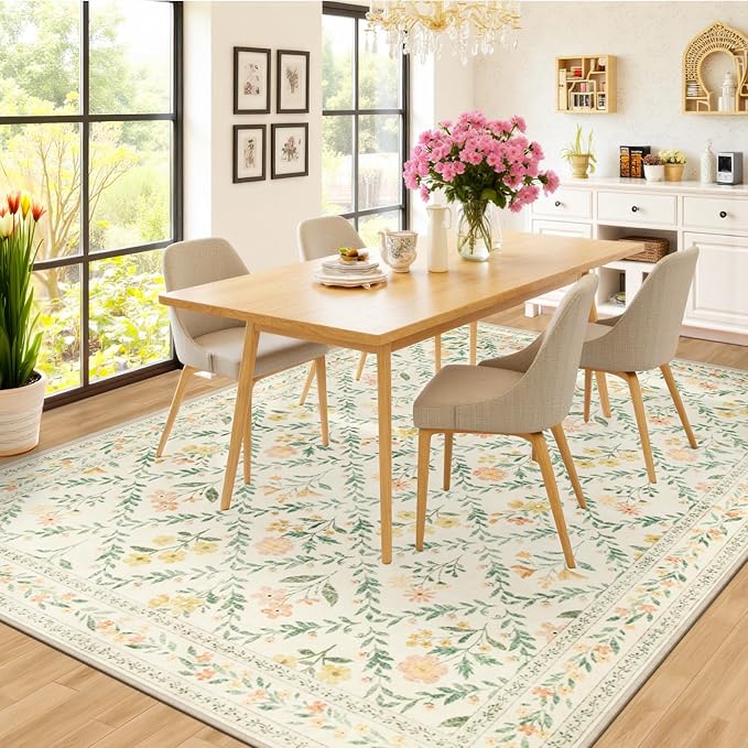PLHXFR Area Rug 9x12 Living Room: Floral Washable Boho Carpet Beige Multi | - Image 4