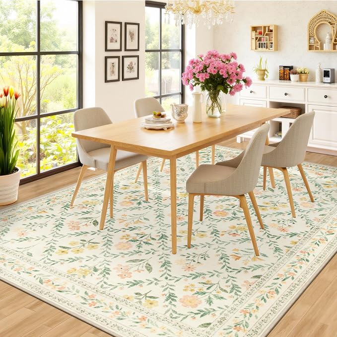 PLHXFR 6x9 Area Rug Living Room: Floral Washable Boho Carpet Beige Multi | - Image 4