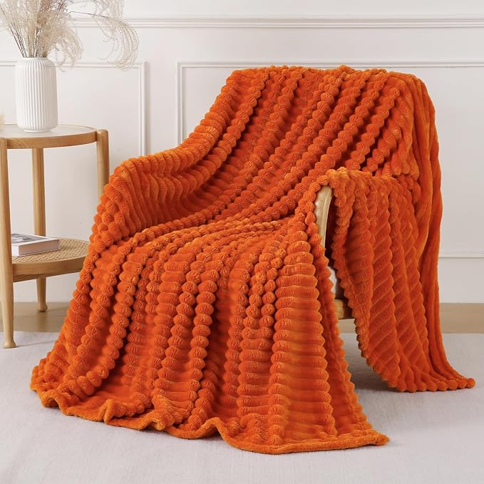 Orange Throw Blanket for Couch Sofa 50x70 inches Striped Design | Fleece - Image 5