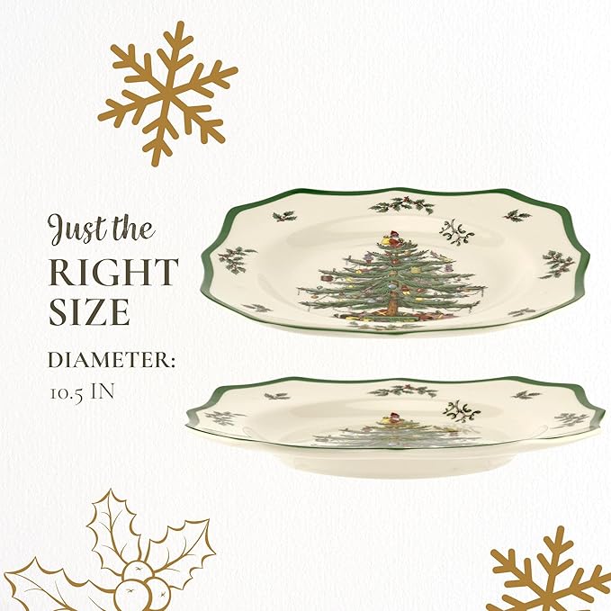 Spode Christmas Tree Scalloped Dinner Plate (Set of 4) - Holiday Stoneware Large Plates - 10.5 Inch Christmas Dinner Dishes, Colorful Gifts & Mistletoe Accents - Dishwasher & Microwave Safe