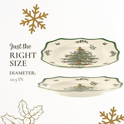 Spode Christmas Tree Scalloped Dinner Plate (Set of 4) - Holiday Stoneware Large Plates - 10.5 Inch Christmas Dinner Dishes, Colorful Gifts & Mistletoe Accents - Dishwasher & Microwave Safe