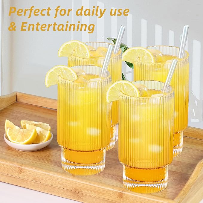 Ribbed Glassware Set of 4, 20oz Origami Style Drinking Glass Cup with Lid and Straw, Iced Coffee, Cocktail, Beer, Juice Stackable Drinking Glasses, Perfect for indoor and outdoor use