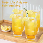 Ribbed Glassware Set of 4, 20oz Origami Style Drinking Glass Cup with Lid and Straw, Iced Coffee, Cocktail, Beer, Juice Stackable Drinking Glasses, Perfect for indoor and outdoor use