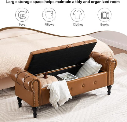 Storage Bench for Bedroom, Faux Leather 51" End of Bed Bench, Queen Size Bench - Image 4