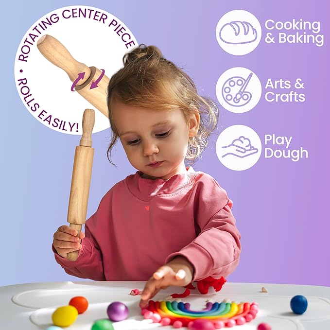 8-Inch Premium Kids Mini Rolling Pins (6-Pack) Splinter-Free, Non-Stick Hardwood for Baking, Sensory Crafts, Play-Doh, Clay, Therapeutic Fine Motor Skills for Toddlers, Great Gift for Children