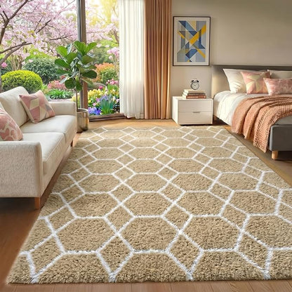Area Rugs for Bedroom Living Room, 4x6 Fluffy Beige and White Geometric Rug | by ONASAR