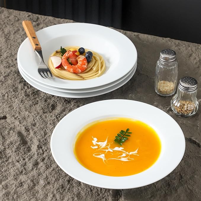 fMBB Ceramic Soup Bowls Shallow Plates, 4 Pack White Dinner Bowls Plates, Porcelain Wide Rim, 8.5 Inch (8.5 oz) Shallow Bowls - Ideal for Soup, Dessert, Salad and Pasta, Microwave and Dishwasher Safe