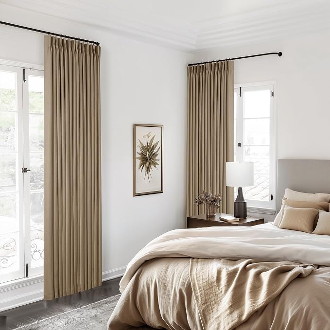 Light Brown Pinch Pleated 100% Blackout Linen Bedroom 96 Inch Curtains | Double - Image 8