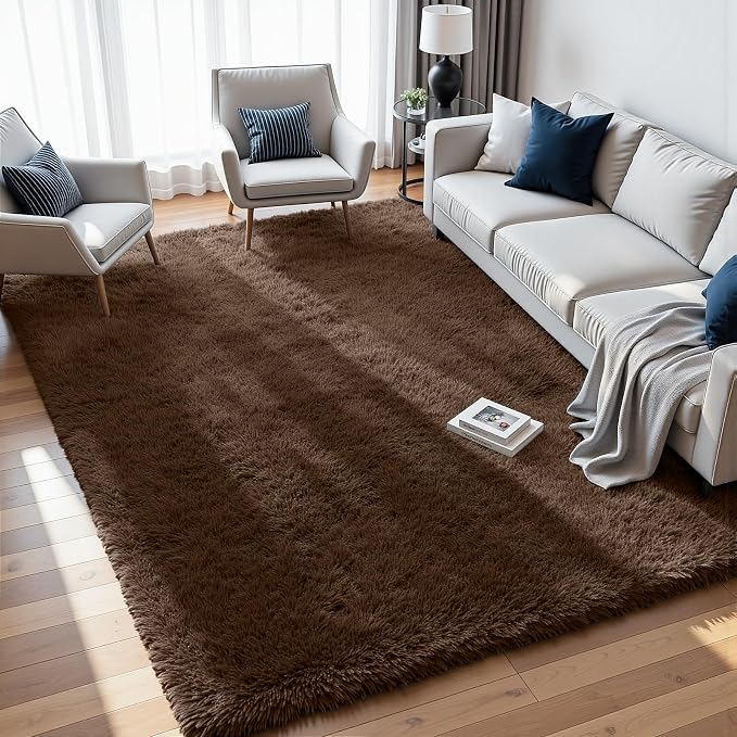 8x10 Fluffy Shag Area Rugs for Living Room Bedroom: Soft Plush Carpet Brown | - Image 3