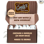 GRADY’S COLD BREW, French Vanilla, 100% Arabica Ground Coffee & Chicory Pouches | SIX Bundles of 4 Easy-to-Brew Bean Bags, Makes 72 drinks