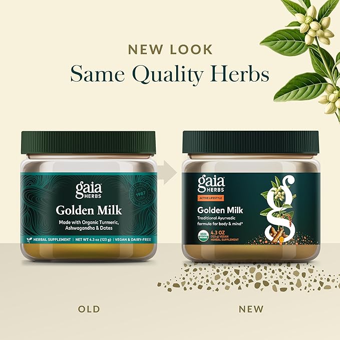 Gaia Herbs Golden Milk Supplement Powder - Made with Organic Turmeric Curcumin, Black Pepper, Ashwagandha, Dates, Cardamom, and Vanilla for an Ayurvedic Cup of Natural Calm - 4.3 Oz (35-Day Supply)