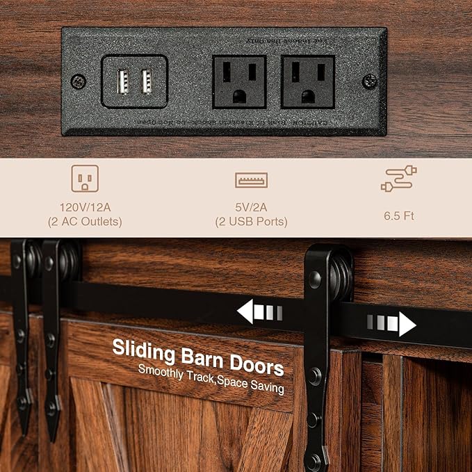 Wnutrees Farmhouse Coffee Bar Cabinet with Charging Station and USB Ports, Sliding Barn Door, 39" Kitchen Hutch Sideboard Buffet Storage Cabinet, Fits Kitchen Dining Living Room, Brown