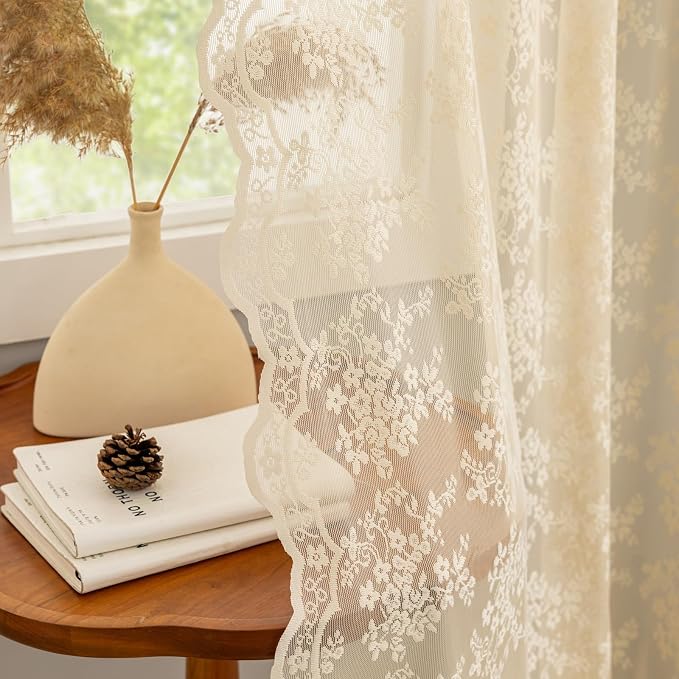 YJ YANJUN Vintage Lace Curtains 96 Inches Long-Victorian Floral Beige Sheer by YJYANJUN