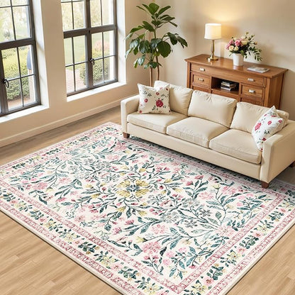 PLHXFR 6x9 Area Rug Living Room: Floral Washable Boho Carpet Pink Green | by PLHXFRSoftAreaRugs