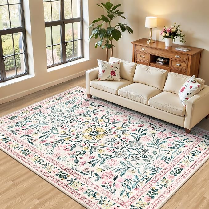 PLHXFR Area Rug Living Room: 5x7 Floral Washable Boho Carpet Pink Green | by PLHXFRSoftAreaRugs