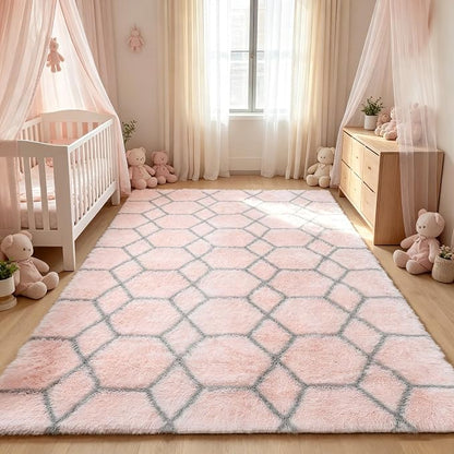 Area Rugs for Living Room, 5x8 Fluffy Pink and Grey Bedroom Geometric Rug | - Image 8