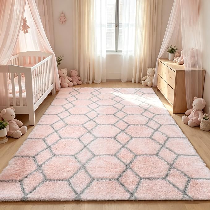Area Rugs for Girl Bedroom Living Room, 4x6 Fluffy Pink and Grey Modern Rug | - Image 8