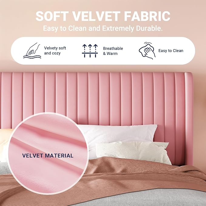 Allewie Queen Size Velvet Bed Frame/Vertical Channel Tufted Wingback - Image 6