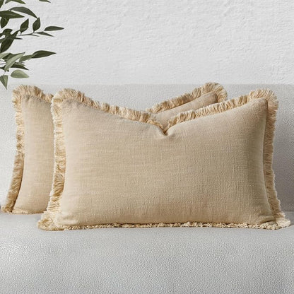 MIULEE Boho Linen Fringe Decorative Lumbar Throw Pillow Covers Beige 12x20 | by MIULEE