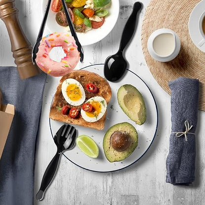 30 Pcs Disposable Black Plastic Serving Utensils,10 Set Including 9" Plastic Serving Spoons, Forks and Tongs for Dinner Parties, Buffets,Banquets, Events, Weddings, and Daily Use