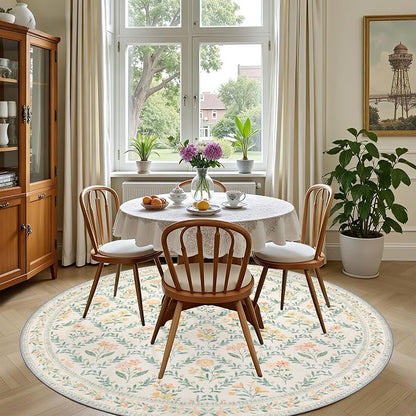 PLHXFR Round Area Rug Living Room: 4 ft Floral Washable Carpet Beige Multi | - Image 4
