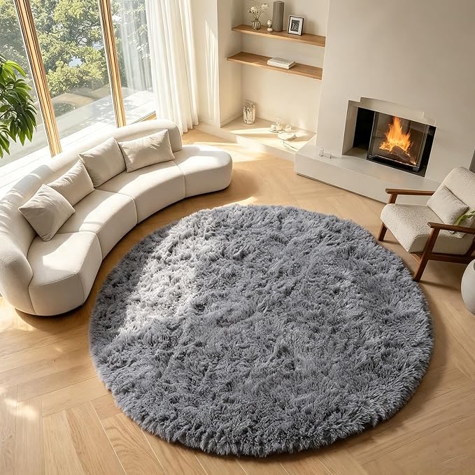 Grey Round Rugs 7ft for Living Room, Fluffy Bedroom Circle Area Rug, Soft Plush by ONASAR