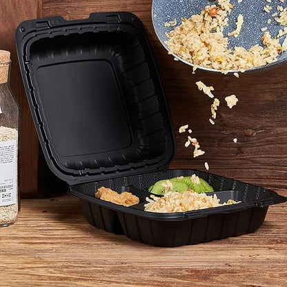 8X8" 3-Compartment 50-Pack Plastic Clamshell Takeout Food Trays Heavy Duty Togo Disposable Box For Pasta Salad Sandwich Carryout Meal Prep Packaging Catering Hinged Containers With Secure Snap Lid