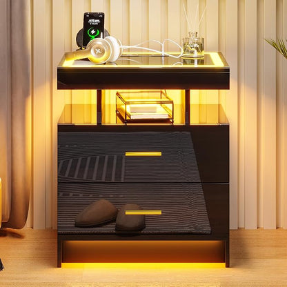 HNEBC LED Nightstand with Charging Station High Gloss Bedside Table with 2 - Image 8