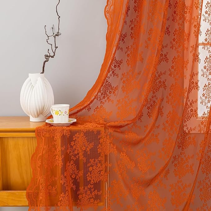 YJ YANJUN Vintage Lace Curtains 72 Inches Long-Rustic Floral Pattern Burnt - Image 2