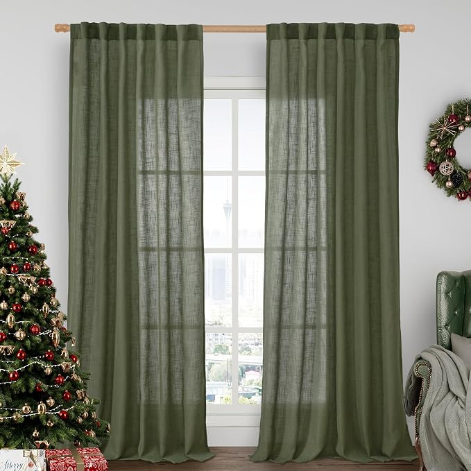 Olive Green Linen Curtains for Living Room 84 inch Length 2 Panels | Light by LAMIT