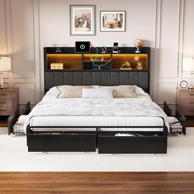 LARMACE King Bed Frame with 6 Storage Drawers, Bed Frame King Size with Linen - Image 9