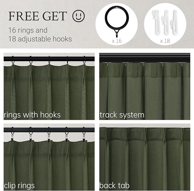 Topfinel Olive Green Pinch Pleated Semi Sheer Curtains Textured Linen Blended - Image 3