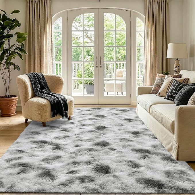 Noahas 4x6 Tie-Dyed Grey and White Fluffy Area Rug Non-Slip - Image 2