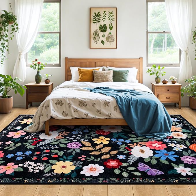 PLHXFR Area Rug Living Room: 5x7 Floral Washable Boho Soft Carpet Black | - Image 3