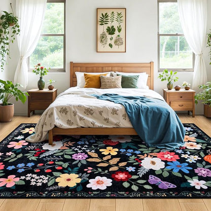 PLHXFR Area Rug Living Room: 5x7 Floral Washable Boho Soft Carpet Black | - Image 3