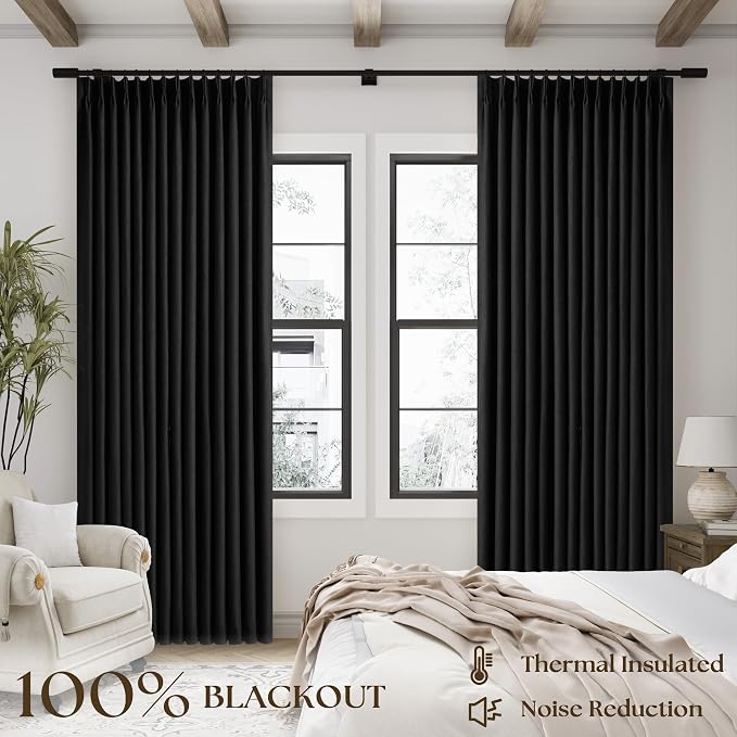 Black Pinch Pleated Full Blackout Linen 80 Inch Window Curtains 2 Panels | 100% - Image 3