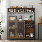Loomie Wine Bar Cabinet with LED Lights, Industrial Coffee Bar with 3 Storage Compartments & Wine Rack &Glass Holder,Sideboard Buffet for Liquor and Glasses,Liquor Cabinet,Rustic Brown
