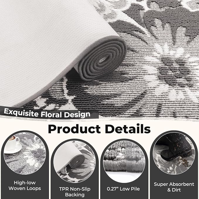 Findosom Washable Area Rug 3x5, Non Slip High-Low Textured Floral Rugs - Image 6